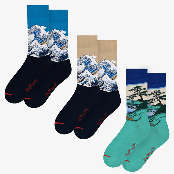 Musearta Katsushika Hokusai - 3er-Pack - Mount Fuji - Die große Welle vor Kanagawa (blau + beige)